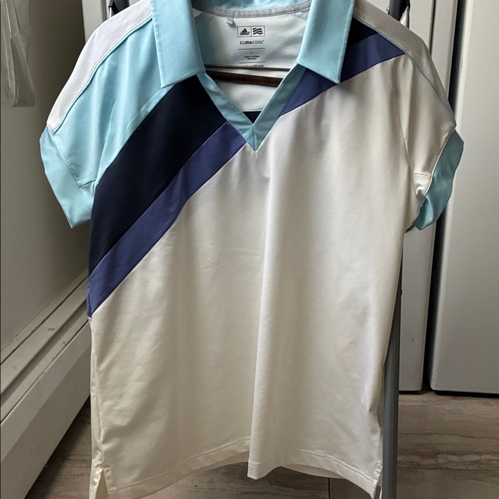 adidas White Polo with Light Blue and Navy Diagonal Panels